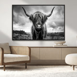 17924-MGV-CV-36X24-Highland Cow Wall Art – Black and White Rustic Longhorn Cattle Canvas Print, Farmhouse Animal Photography Decor for Country Home