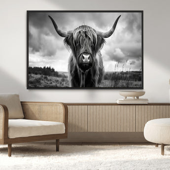 17924-MGV-CV-36X24-Highland Cow Wall Art – Black and White Rustic Longhorn Cattle Canvas Print, Farmhouse Animal Photography Decor for Country Home