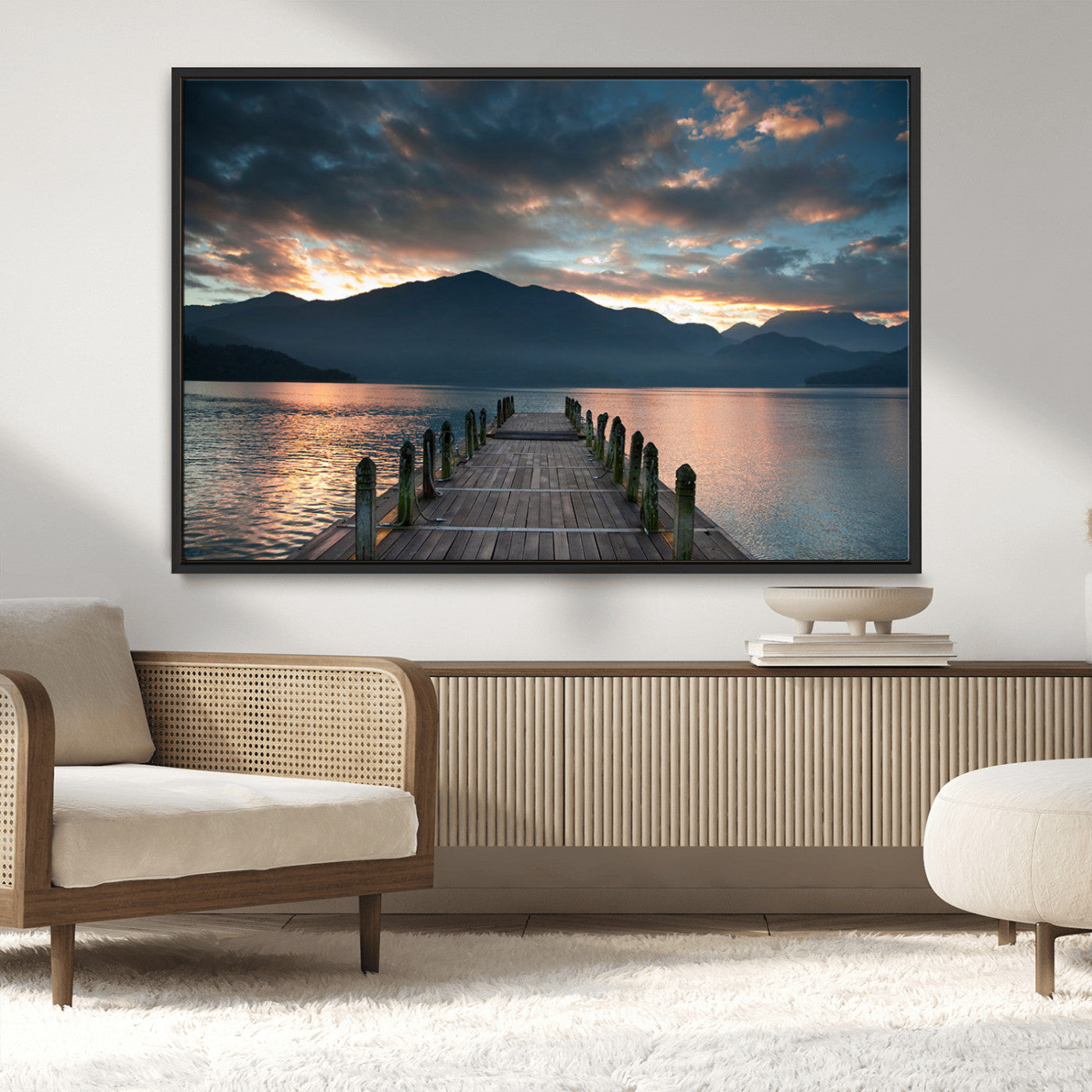20442-MGV-CV-36X24-Lakeside Sunset Dock Wall Art – Peaceful Mountain Lake Canvas Print, Serene Nature Landscape Decor for Living Room, Bedroom or