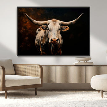 70522-MGV-CV-36X24-Longhorn Bull Wall Art – Striking Canvas Print of Majestic Bull, Premium Animal Decor for Home, Office, Man Cave, or Living Room