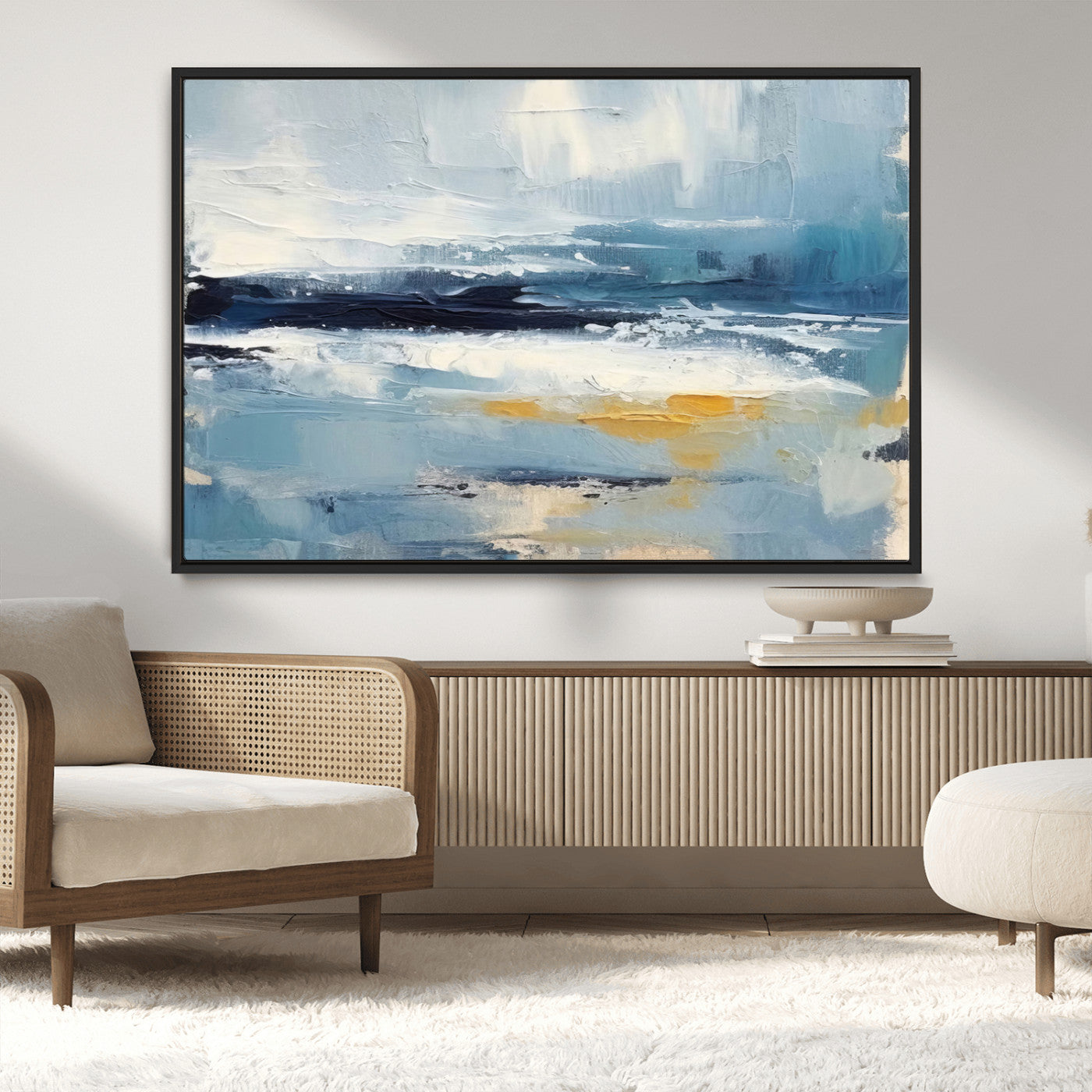19746-MGV-FC-36X24_Black-Abstract Ocean Wall Art – Modern Coastal Canvas Print with Blue, White and Gold Textures, Contemporary Seascape Painting for