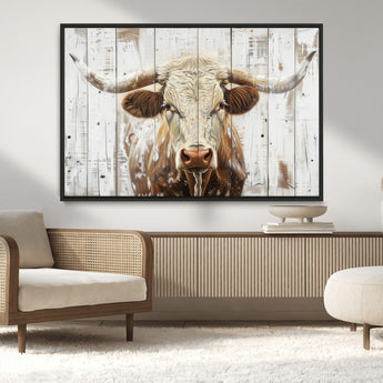 71551-MGV-FC-36X24_Black-Longhorn Bull Wall Art – Rustic Western Cow Canvas Print, Farmhouse Animal Painting with Wood Plank Style for Living Room, Office
