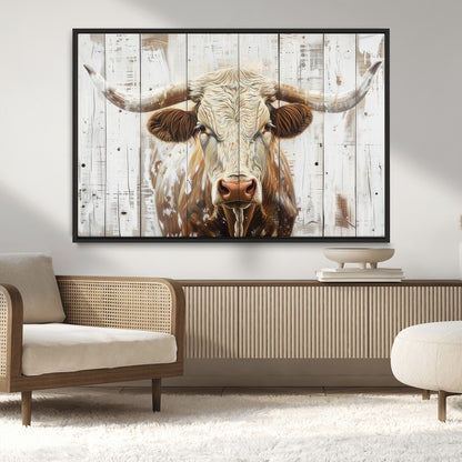 71551-MGV-FC-36X24_Black-Longhorn Bull Wall Art – Rustic Western Cow Canvas Print, Farmhouse Animal Painting with Wood Plank Style for Living Room, Office