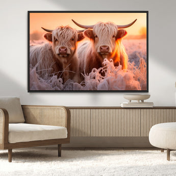 68253-MGV-CV-36X24-Highland Cow Wall Art – Rustic Farmhouse Cattle Canvas Print, Frosty Sunset Animal Artwork for Living Room, Bedroom or Country