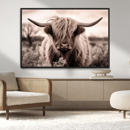 55903-MGV-CV-36X24-Highland Cow Wall Art – Rustic Sepia Scottish Highland Bull Canvas Print, Farmhouse Country Animal Decor for Living Room, Bedroom