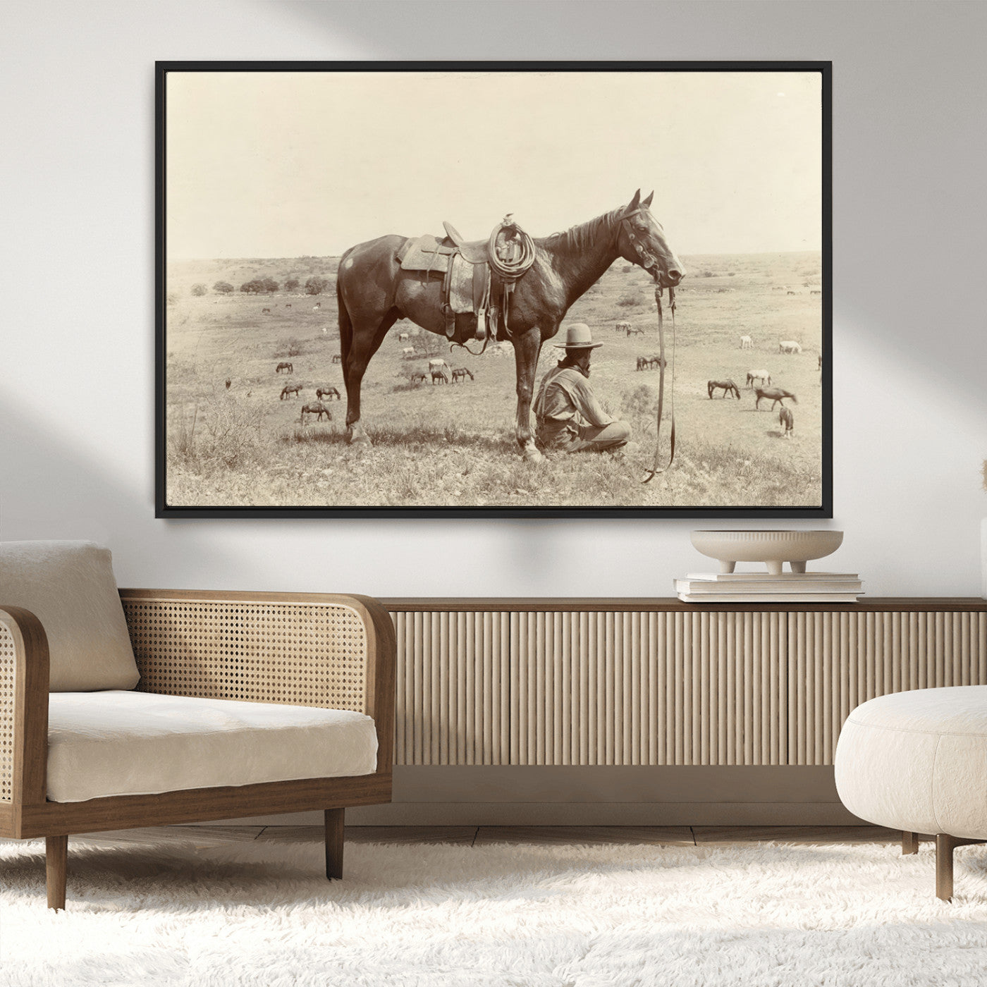 65028-MGV-CV-36X24-Cowboy and Horse Wall Art – Vintage Western Canvas Print, Rustic Country Decor for Living Room, Office or Man Cave
