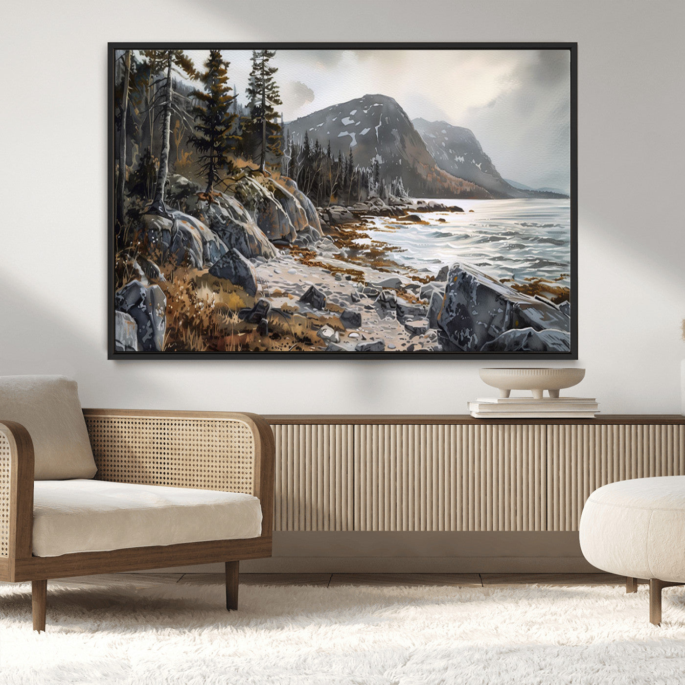 41281-MGV-CV-36X24-Rocky Shoreline Wall Art – Panoramic Mountain Coast and Forest Canvas Print, Rustic Nature Landscape Decor for Cabin, Lodge, or