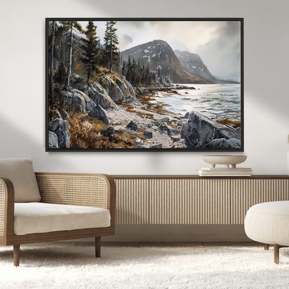 41281-MGV-CV-36X24-Rocky Shoreline Wall Art – Panoramic Mountain Coast and Forest Canvas Print, Rustic Nature Landscape Decor for Cabin, Lodge, or