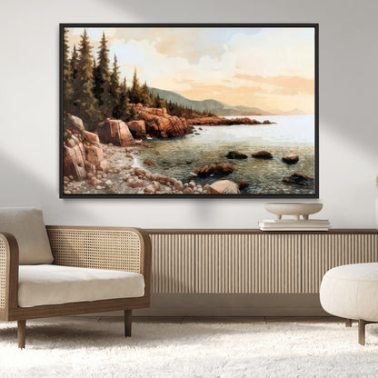 77145-MGV-CV-36X24-Coastal Landscape Wall Art – Panoramic Rocky Shoreline and Pine Trees Canvas Print, Rustic Nature Decor for Cabin, Lodge, Office,