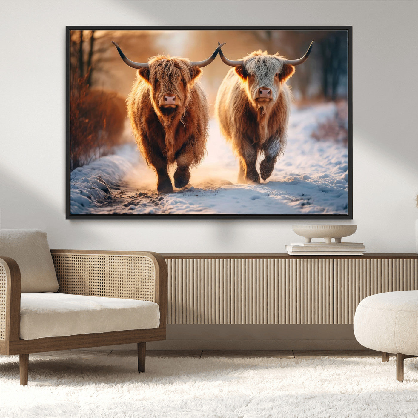 50490-MGV-CV-36X24-Highland Cow Wall Art – Rustic Panoramic Canvas Print Two Cattle Snowy Landscape, Farmhouse Country Decor for Living Room Office