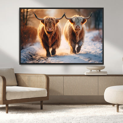 50490-MGV-CV-36X24-Highland Cow Wall Art – Rustic Panoramic Canvas Print Two Cattle Snowy Landscape, Farmhouse Country Decor for Living Room Office