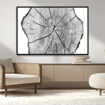98709-MGV-CV-36X24-Tree Ring Wall Art – Black and White Canvas Print Rustic Wood Cross Section, Minimal Nature Inspired Decor for Living Room,