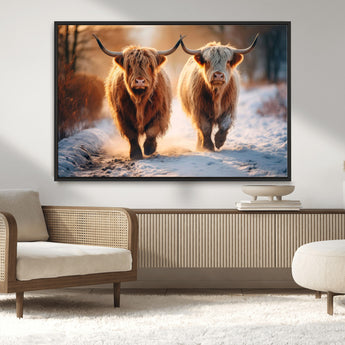 94810-MGV-CV-36X24-Highland Cow Wall Art – Rustic Canvas Print Two Cattle Snow Path Sunset, Farmhouse Country Decor for Living Room, Bedroom, Office,