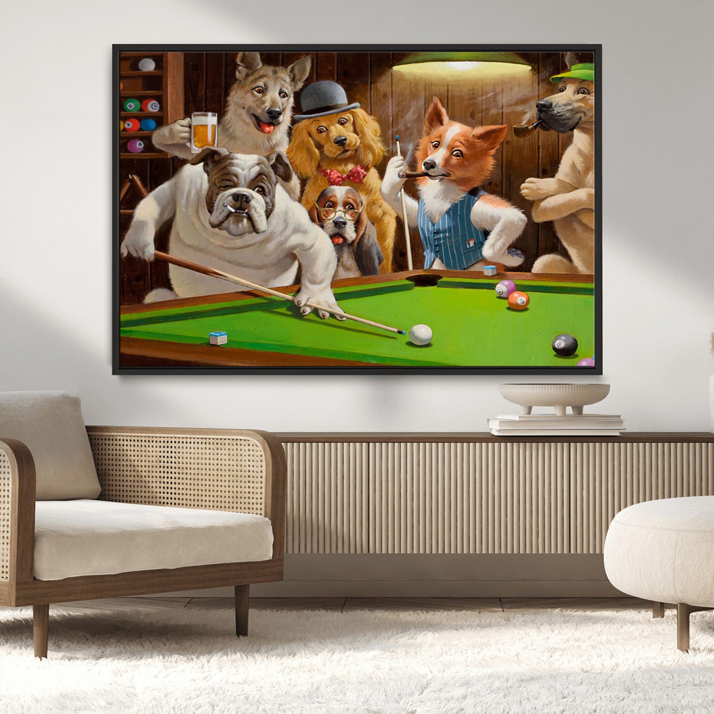 34228-MGV-CV-36X24-Dogs Playing Pool Wall Art Canvas Print, Framed Funny Dog Art Picture Print, Dog Perfect Game Room Decor Artwork