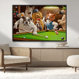 34228-MGV-CV-36X24-Dogs Playing Pool Wall Art Canvas Print, Framed Funny Dog Art Picture Print, Dog Perfect Game Room Decor Artwork