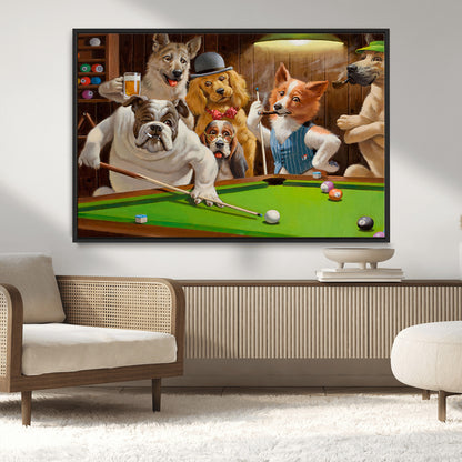 34228-MGV-CV-36X24-Dogs Playing Pool Wall Art Canvas Print, Framed Funny Dog Art Picture Print, Dog Perfect Game Room Decor Artwork