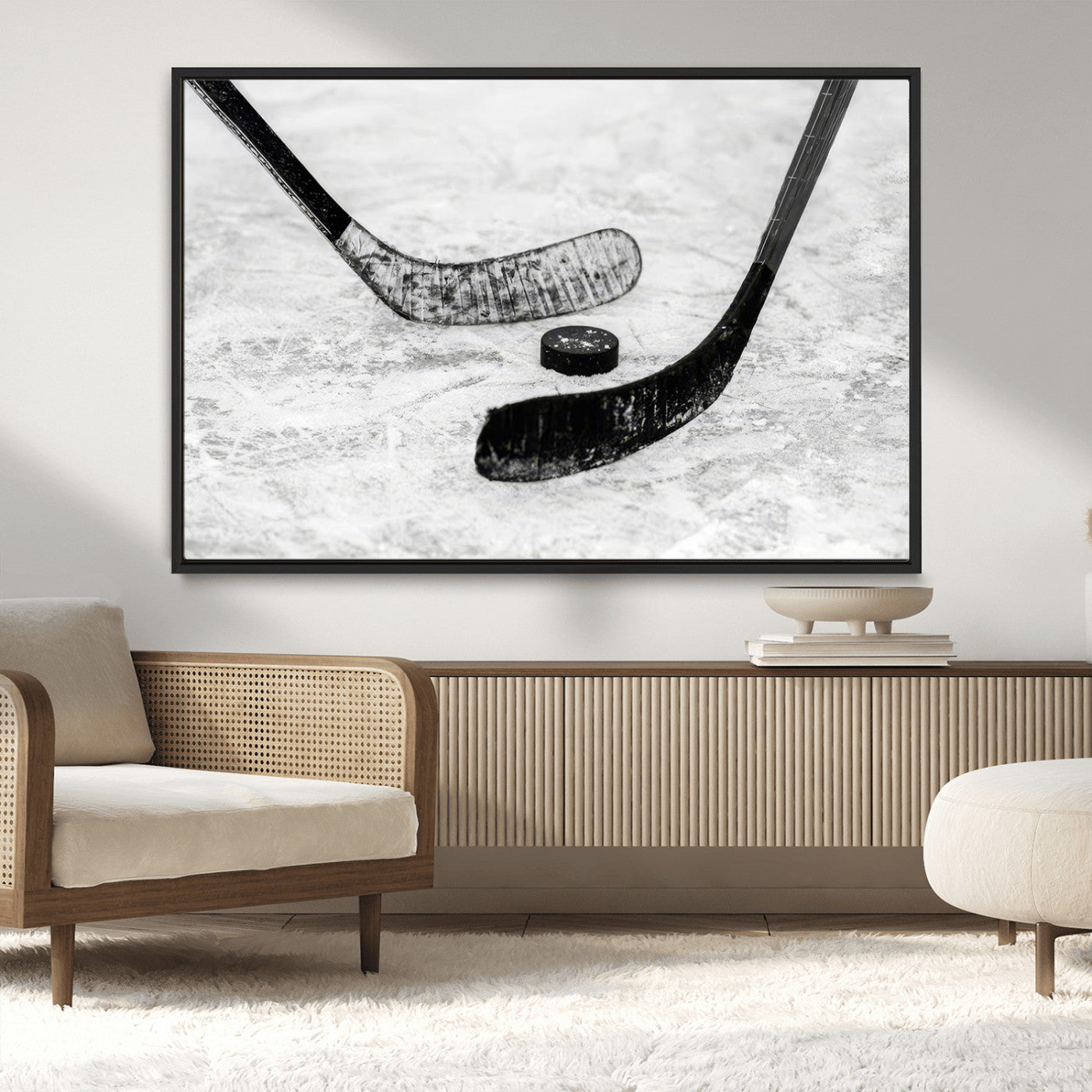82900-MGV-CV-36X24-Hockey Wall Art – Black and White Canvas Print Ice Rink Sticks Puck Sports Photography, Modern Decor for Game Room, Man Cave,