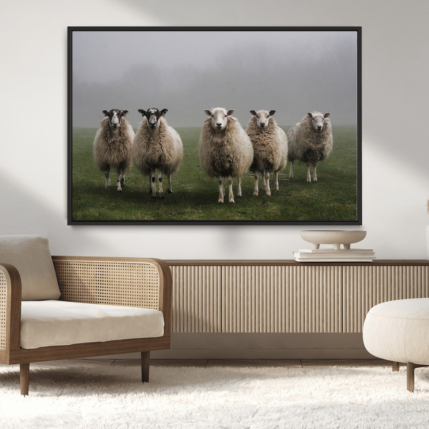 87339-MGV-CV-36X24-Sheep Wall Art – Rustic Farmhouse Canvas Print Flock Standing Misty Field Countryside Photography, Country Animal Decor for Living