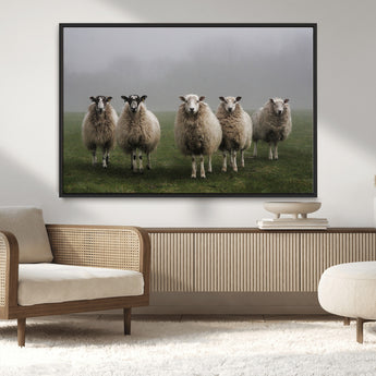 87339-MGV-CV-36X24-Sheep Wall Art – Rustic Farmhouse Canvas Print Flock Standing Misty Field Countryside Photography, Country Animal Decor for Living