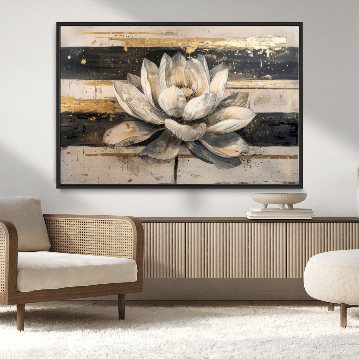 18807-MGV-CV-36X24-Lotus Flower Wall Art Canvas Print, Framed Abstract Lotus Art Picture Print, White Lotus Flower Perfect Abstract Floral Decor