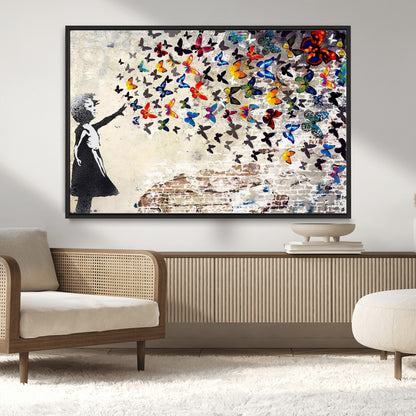 97895-MGV-CV-36X24-Girl with Butterflies Wall Art – Colorful Street Art Style Canvas Print, Modern Graffiti-Inspired Butterfly Artwork for Living