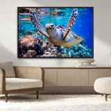 12683-MGV-CV-36X24-Sea Turtle Wall Art – Graceful Ocean Canvas Print with Coral Reef and Tropical Fish, Coastal Marine Life Decor for Beach House,