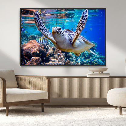 12683-MGV-CV-36X24-Sea Turtle Wall Art – Graceful Ocean Canvas Print with Coral Reef and Tropical Fish, Coastal Marine Life Decor for Beach House,