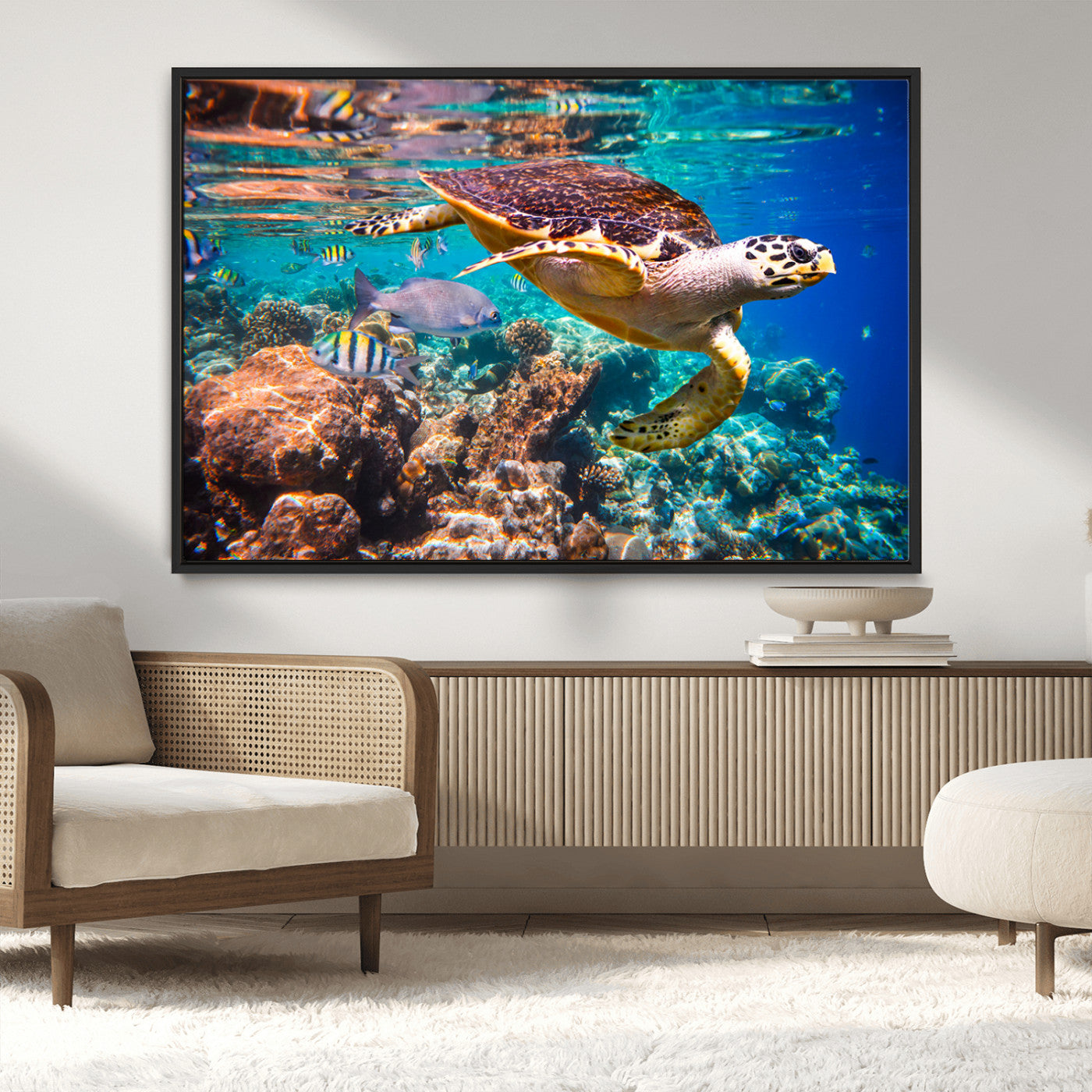 66614-MGV-CV-36X24-Sea Turtle Wall Art – Hawksbill Turtle Swimming Over Coral Reef Canvas Print, Ocean Marine Life Decor for Beach House, Coastal