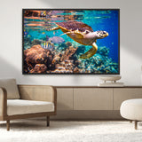 66614-MGV-CV-36X24-Sea Turtle Wall Art – Hawksbill Turtle Swimming Over Coral Reef Canvas Print, Ocean Marine Life Decor for Beach House, Coastal