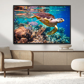 66614-MGV-CV-36X24-Sea Turtle Wall Art – Hawksbill Turtle Swimming Over Coral Reef Canvas Print, Ocean Marine Life Decor for Beach House, Coastal