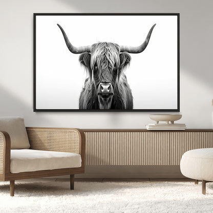 49556-MGV-CV-36X24-Highland Cow Wall Art – Black and White Scottish Highland Cattle Print, Rustic Farmhouse Minimalist Animal Portrait Canvas for