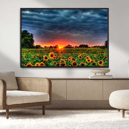 45045-MGV-CV-36X24-Sunflower Field Sunset Wall Art – Dramatic Stormy Sky Landscape Print, Vibrant Yellow Floral Nature Canvas for Living Room,