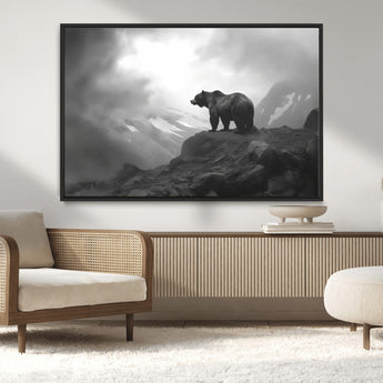 49504-MGV-CV-36X24-Black and White Grizzly Bear Wall Art – Wilderness Wildlife Painting, Rustic Mountain Cabin Decor, Monochrome Animal Print for