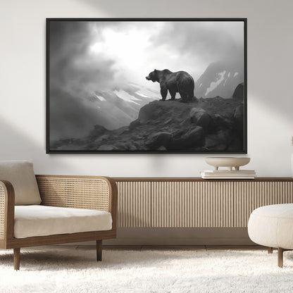 49504-MGV-CV-36X24-Black and White Grizzly Bear Wall Art – Wilderness Wildlife Painting, Rustic Mountain Cabin Decor, Monochrome Animal Print for