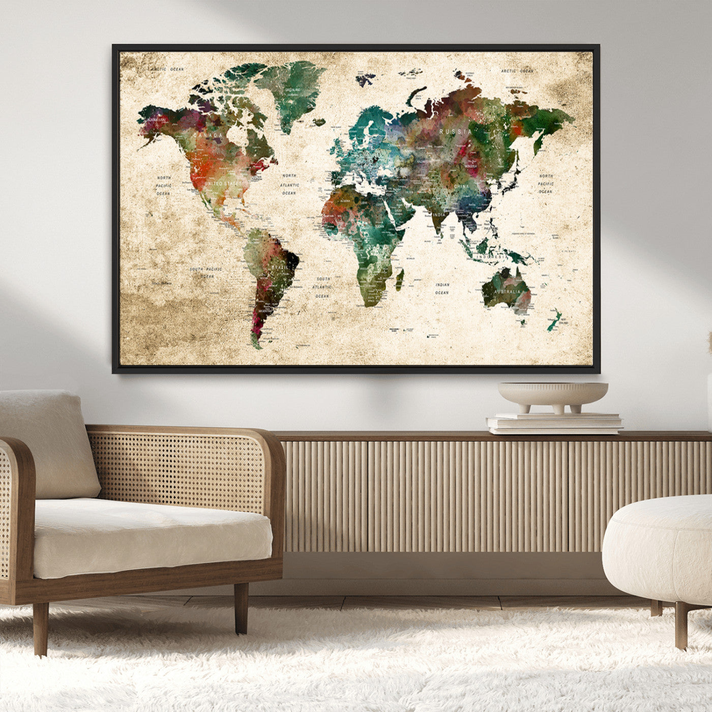 45128-MGV-CV-36X24-Watercolor World Map Canvas Wall Art – Vintage Style Travel Map Print, Large Framed Wall Decor for Living Room, Bedroom, Home or Office