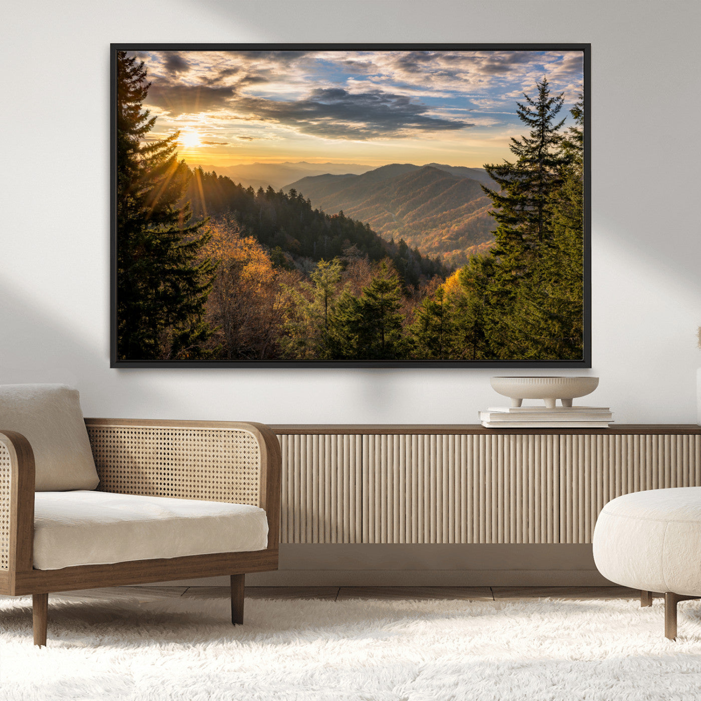 73692479-MGV-CV-36X24-Smoky Mountains Wall Art Canvas Print, Framed Forest Mountain Art Picture Print, Spring Mountain Perfect Spring Style Decor