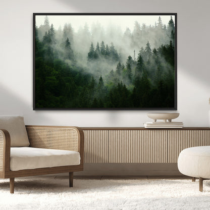 167720496-MGV-CV-36X24-Misty Forest Wall Art – Serene Evergreen Trees Canvas Print, Foggy Mountain Nature Landscape Decor for Bedroom, Living Room or