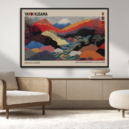 49228-MGV-FC-93X47-3P_Black-Kusama Wall Art – Vibrant Japanese Landscape Canvas Print, Modern Abstract Mountain and River Decor for Living Room, Office or Art