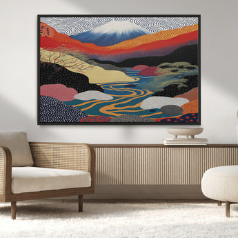 32131-MGV-CV-36X24-Japanese Mount Fuji Wall Art – Abstract Landscape Canvas Print with Swirling Sky & River, Modern Minimalist Asian Inspired Poster