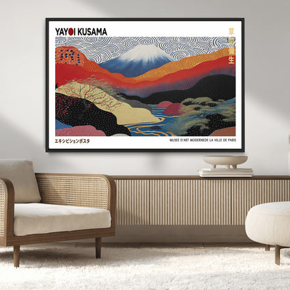 14839-MGV-CV-36X24-Yayoi Kusama Wall Art – Panoramic Mountain & River Canvas Print, Modern Abstract Japanese Landscape Decor for Living Room or