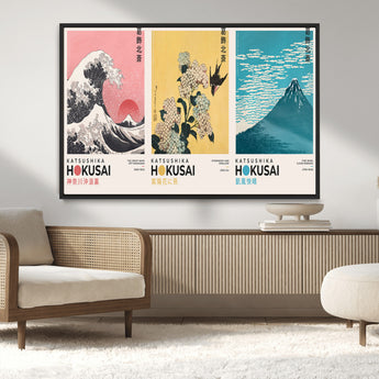 Katsushika-MGV-CV-36X24-Katsushika Hokusai Wall Art Set – The Great Wave, Hydrangea and Swallow, Fine Wind Canvas Prints, Japanese Ukiyo e Style Home and