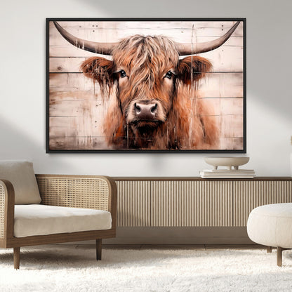 93730-MGV-CV-36X24-Scottish Cow Wall Art Canvas Print, Framed Longhorn Cow Art Picture Print, Highland Cattle Perfect Rustic Farmhouse Decor Artwork