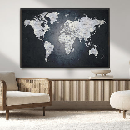 19124-MGV-CV-36X24-Modern World Map Wall Art – Black and White Canvas Print, Minimalist Global Map Decor for Office, Study, Bedroom or Living Room