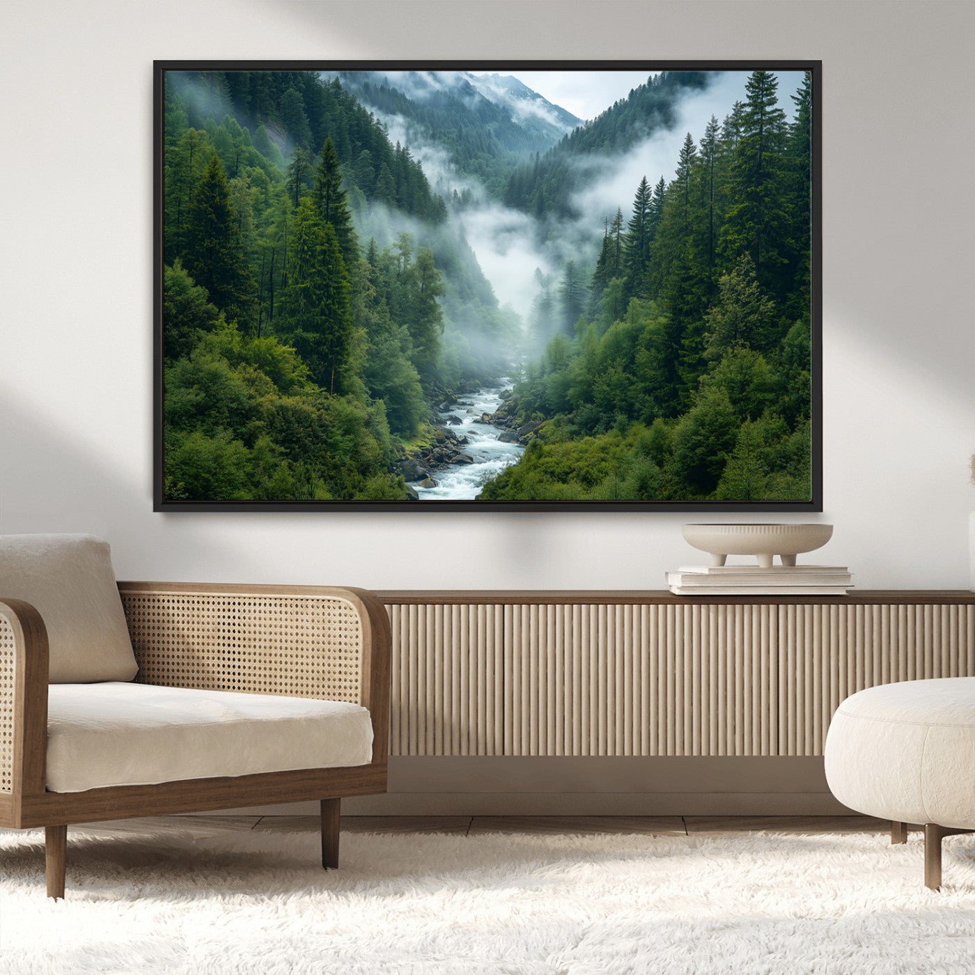 69453-MGV-CV-36X24-Mountain Forest Wall Art – Misty River and Evergreen Landscape Canvas Print, Nature Photography Poster for Living Room, Bedroom,