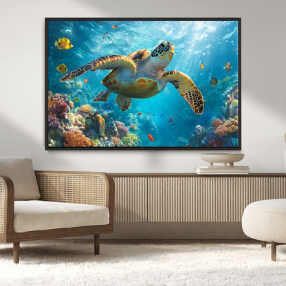 37623-MGV-CV-36X24-Sea Turtle Wall Art – Underwater Ocean Canvas Print with Coral Reef and Tropical Fish, Marine Life Painting Poster for Living
