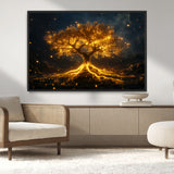 60194-MGV-CV-36X24-Glowing Tree Wall Art – Golden Roots Fantasy Canvas Print, Mystical Illuminated Tree Painting Poster for Living Room, Bedroom,