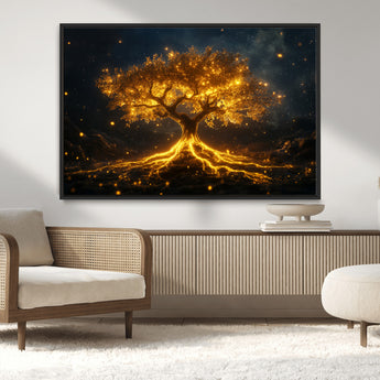 60194-MGV-CV-36X24-Glowing Tree Wall Art – Golden Roots Fantasy Canvas Print, Mystical Illuminated Tree Painting Poster for Living Room, Bedroom,
