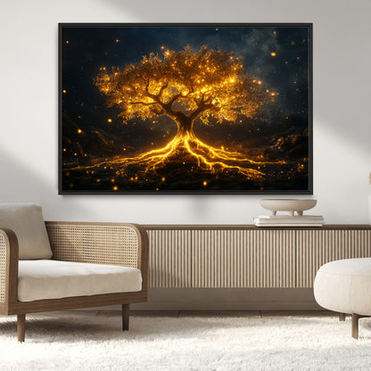 60194-MGV-CV-36X24-Glowing Tree Wall Art – Golden Roots Fantasy Canvas Print, Mystical Illuminated Tree Painting Poster for Living Room, Bedroom,
