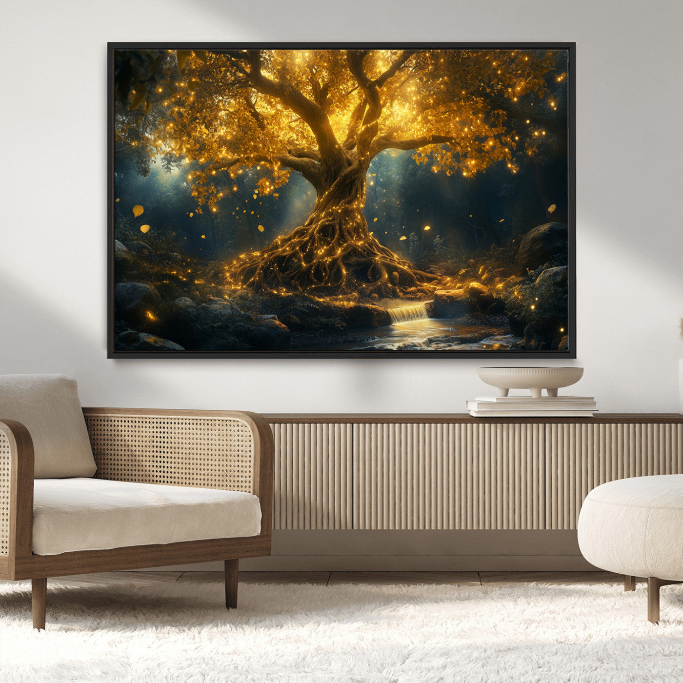 92739-MGV-CV-36X24-Glowing Tree Wall Art – Enchanted Golden Forest Canvas Print, Mystical Illuminated Nature Painting Poster for Living Room,