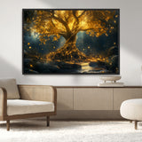 92739-MGV-CV-36X24-Glowing Tree Wall Art – Enchanted Golden Forest Canvas Print, Mystical Illuminated Nature Painting Poster for Living Room,